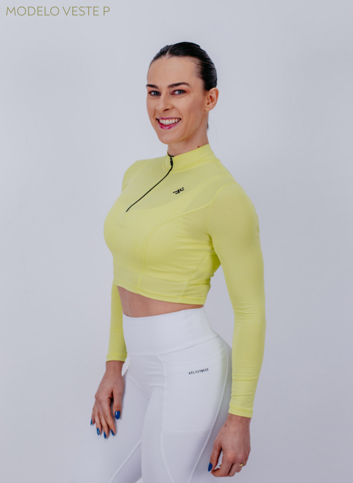 BLUSA CROPPED MANGA LONGA COM ZIPER AMARELO JUICE